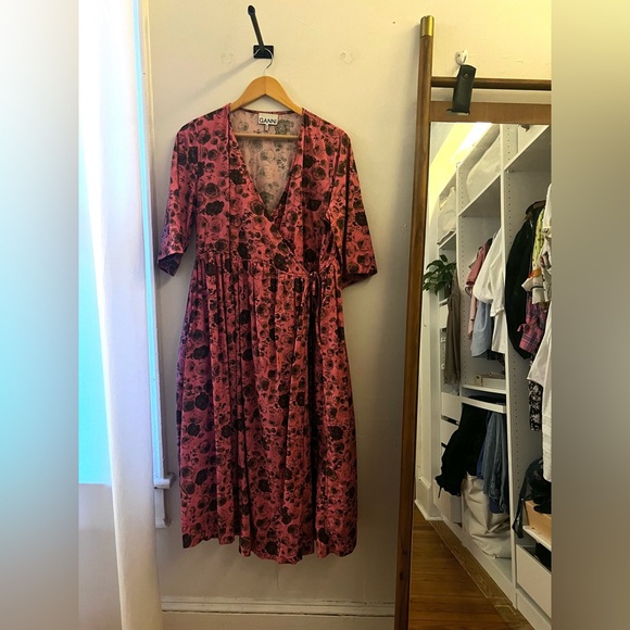 Ganni Rose Print Wrap Pink Dress - Picture 5 of 7